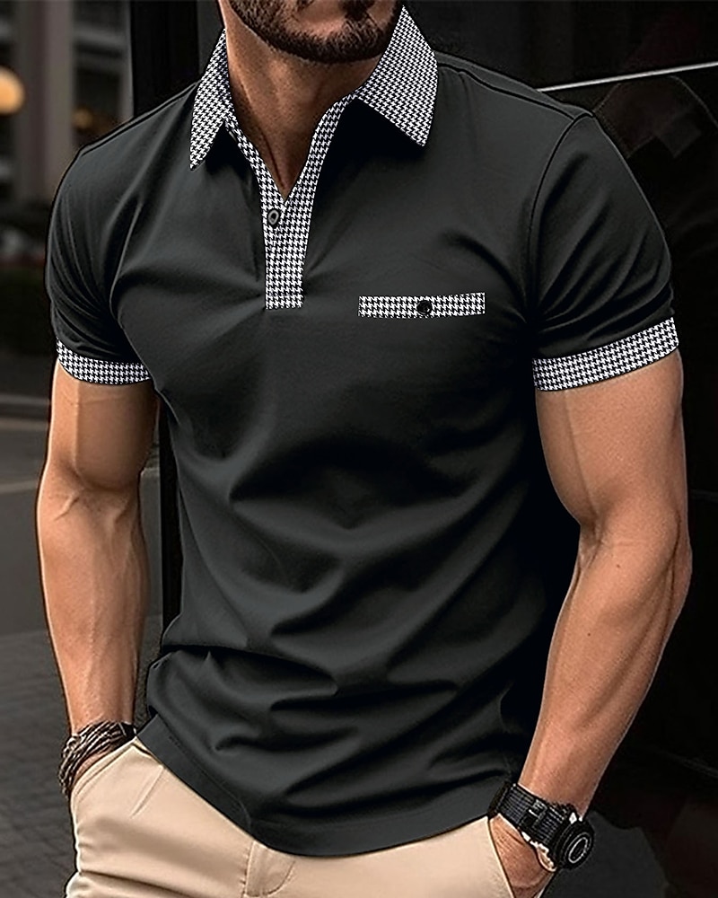 Men's Golf Shirt Golf Polo Work Casual Lapel Short Sleeve Basic Modern Color Block Houndstooth Patchwork Spring & Summer Regular Fit Black White Red Navy Blue Blue Beige Golf Shirt