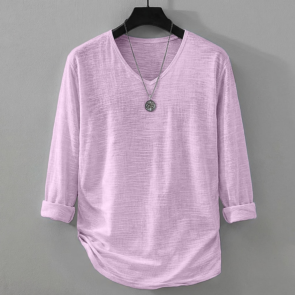 Men's Tee Top Linen T-Shirt Long Sleeve V Neck Summer Spring Solid Color Plain Daily Casual Street Style Plain Casual Outdoor Street Blue Lake blue Black Top Tee for Men