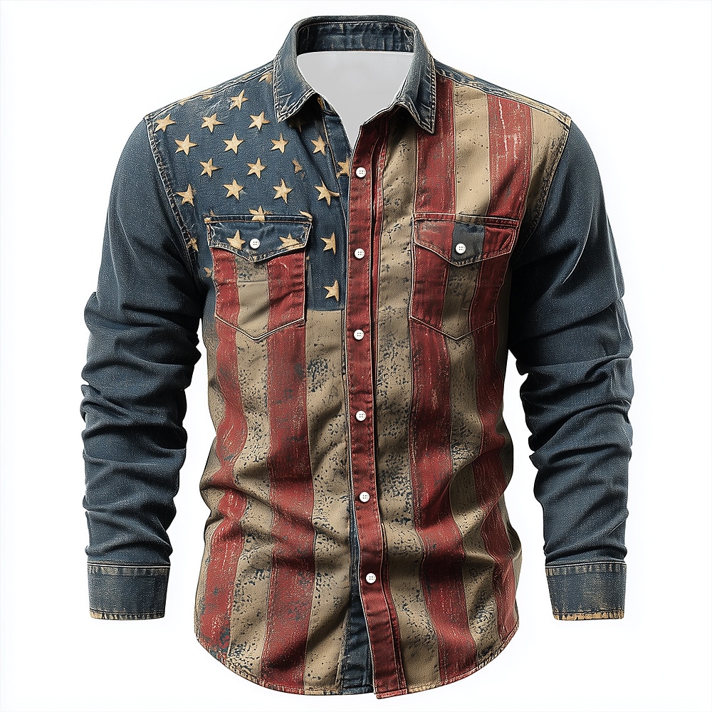 Men's American US Flag Patriotic Shirt Western Shirt Long Sleeve Vintage Retro Casual Holiday Work Shirt WorkWear Spring Fall Turndown Front Two Pockets Linen Like Shirt Button Up Shirts Blue Khaki