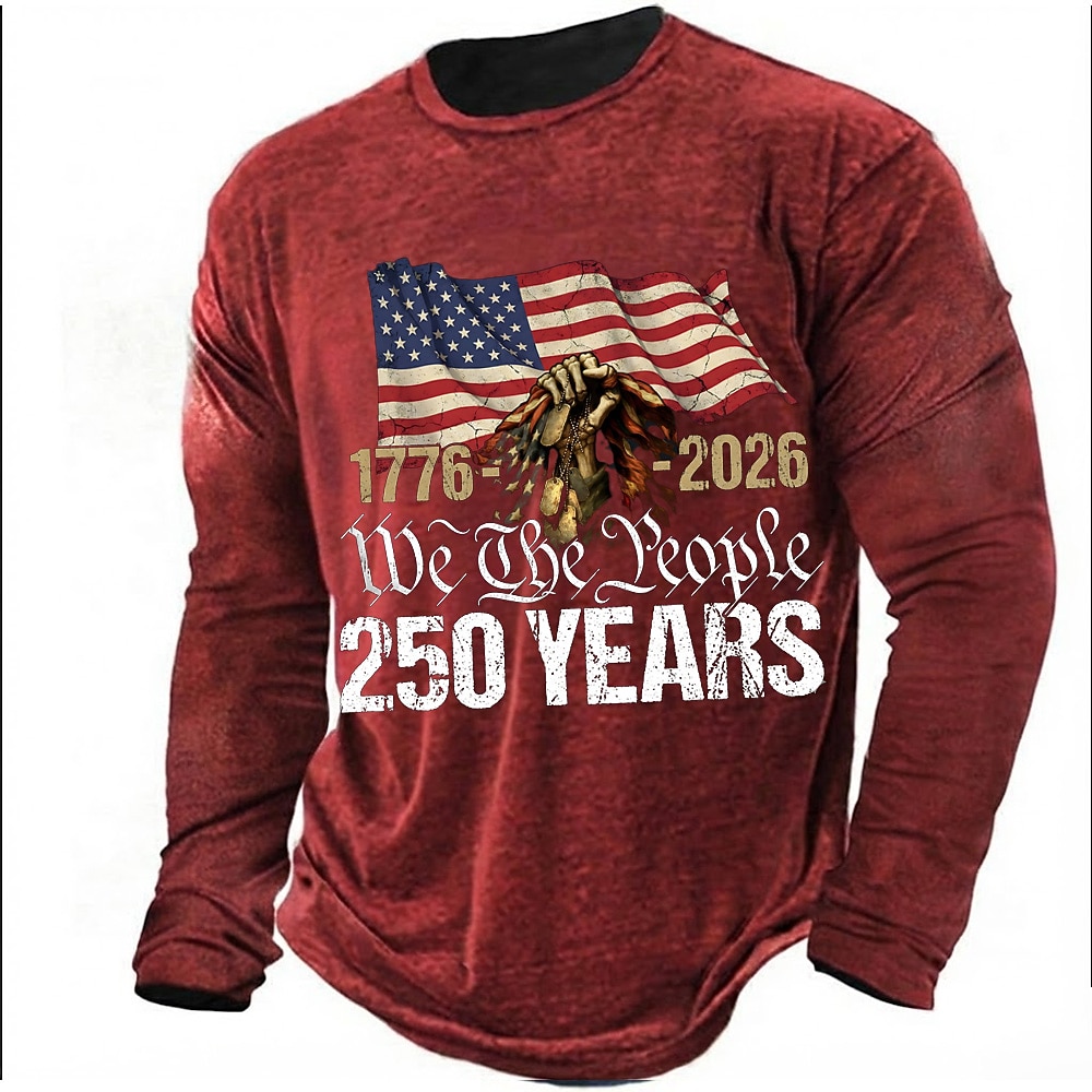 America's 250th Anniversary Men's American US Flag T Shirt Long Sleeve T shirt 3D Print Crew Neck Shirt Daily Designer Simple Casual Daily Street Blue Black Red Summer Spring Fall Clothing Apparel S