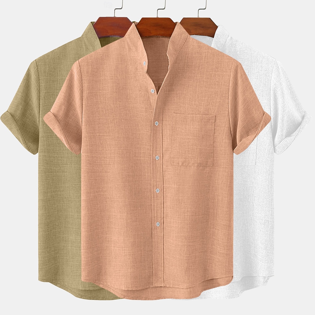 3-Pack Men's Linen Shirt Summer Shirt Casual Shirt Band Collar Shirt Plain Casual Beach Black+Gray+Green Black+White+Gray black+white+green black+khaki+green Short Sleeve Stand Collar Spring & Summer Summer