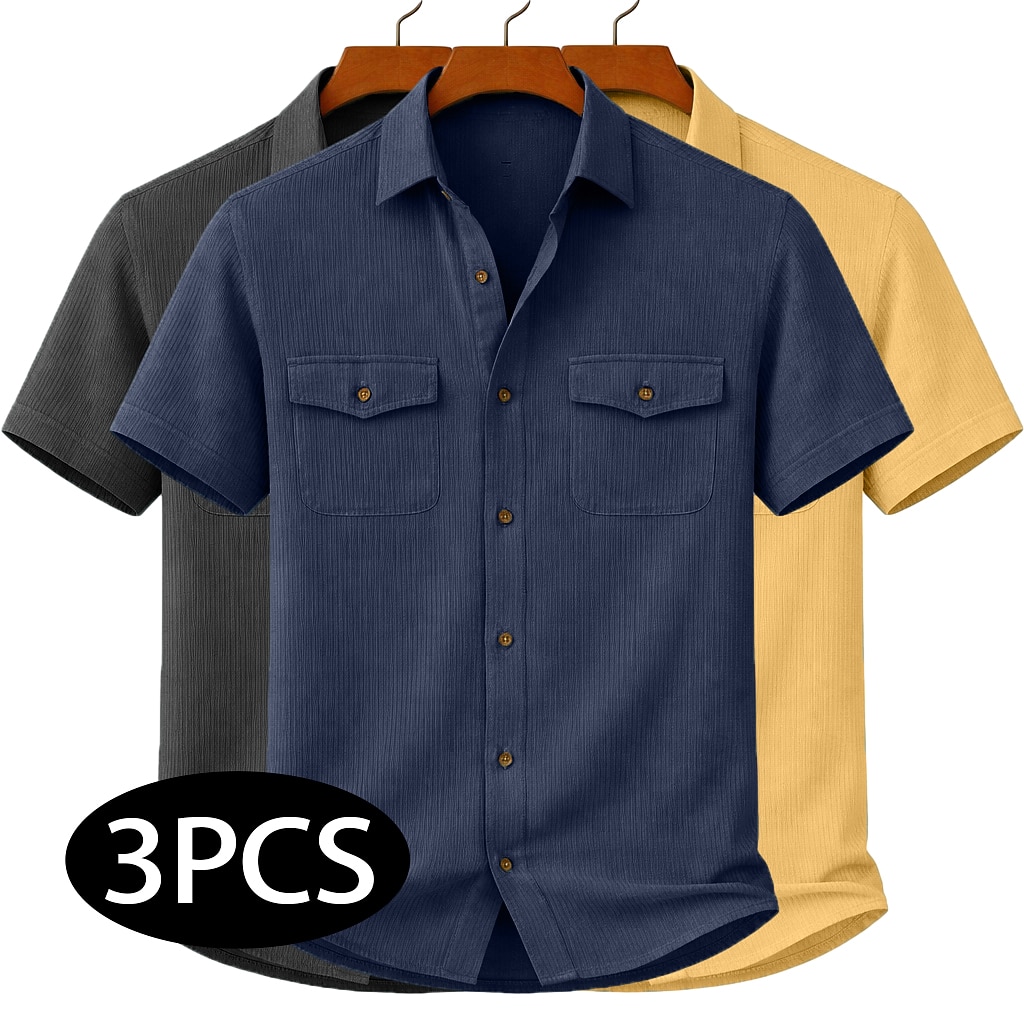 3Pcs Men's Textured Work Shirts Set Casual Shirt Corduroy Shirt Button Up Shirt Black+White+Light Blue Light BLue+Navy BLue+Black Beige+Yellow+White Army Green+White+Navy BLue Brown+Yellow+Light BLue Short Sleeve Plain