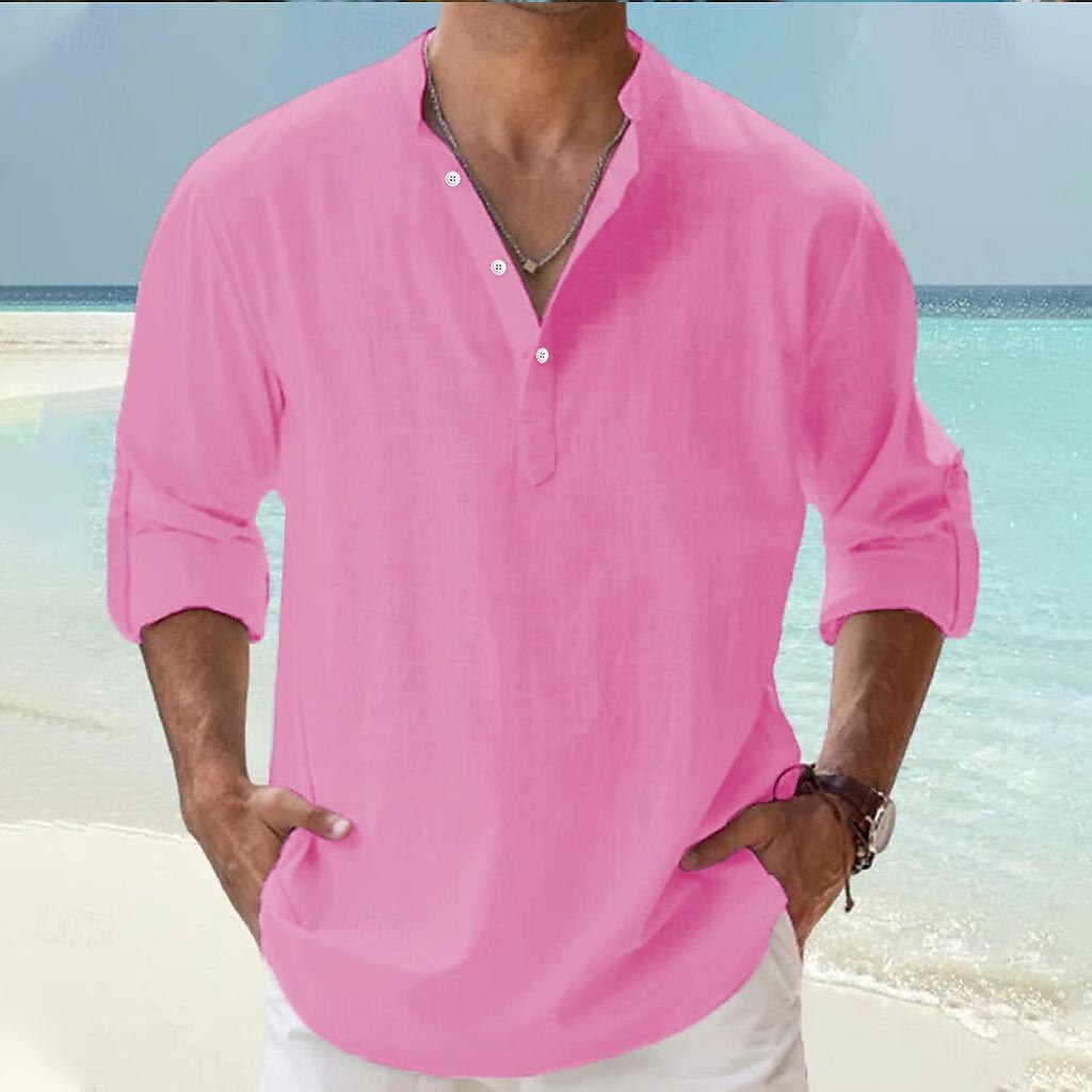 Men's Linen Shirt Popover Shirt Casual Shirt Band Collar Shirt Beach Shirt Black White Pink Blue Long Sleeve Plain Henley Spring & Summer Hawaiian Holiday Clothing Apparel