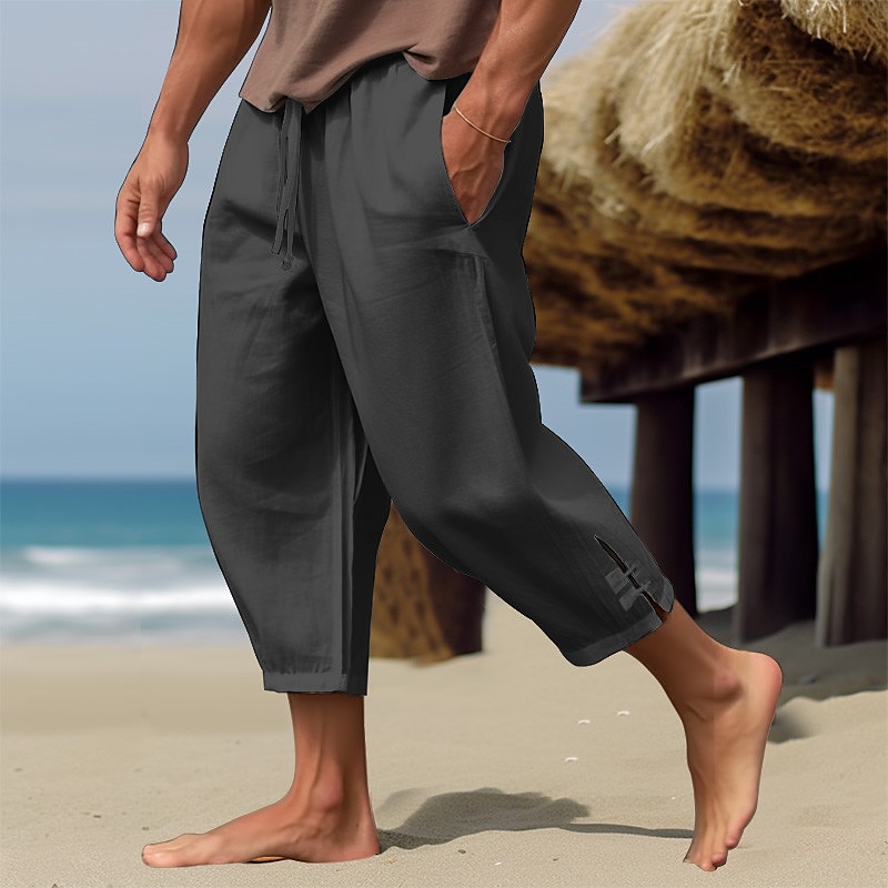 Men's Linen Pants Summer Pants Cropped Pants Beach Pants Drawstring Elastic Waist Plain Comfort Breathable Calf-Length Casual Daily Holiday Linen Cotton Blend Fashion Classic Style Black White