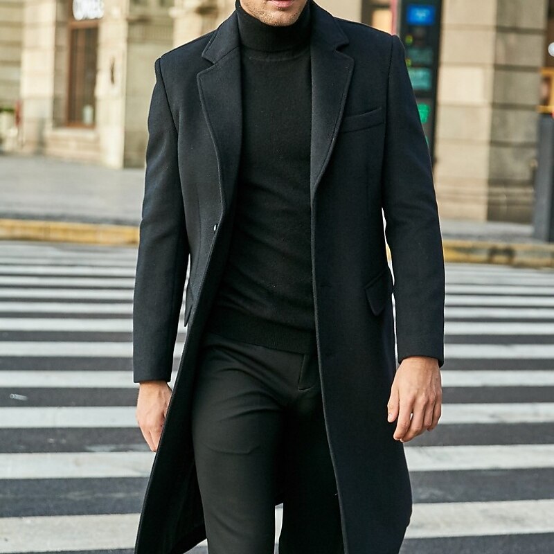 Men Overcoat Peacoat Long Trench Coat Trench Coat Formal Casual Fall Winter Thermal Warm Outerwear Clothing Apparel Classic Plain Notch lapel collar Single Breasted