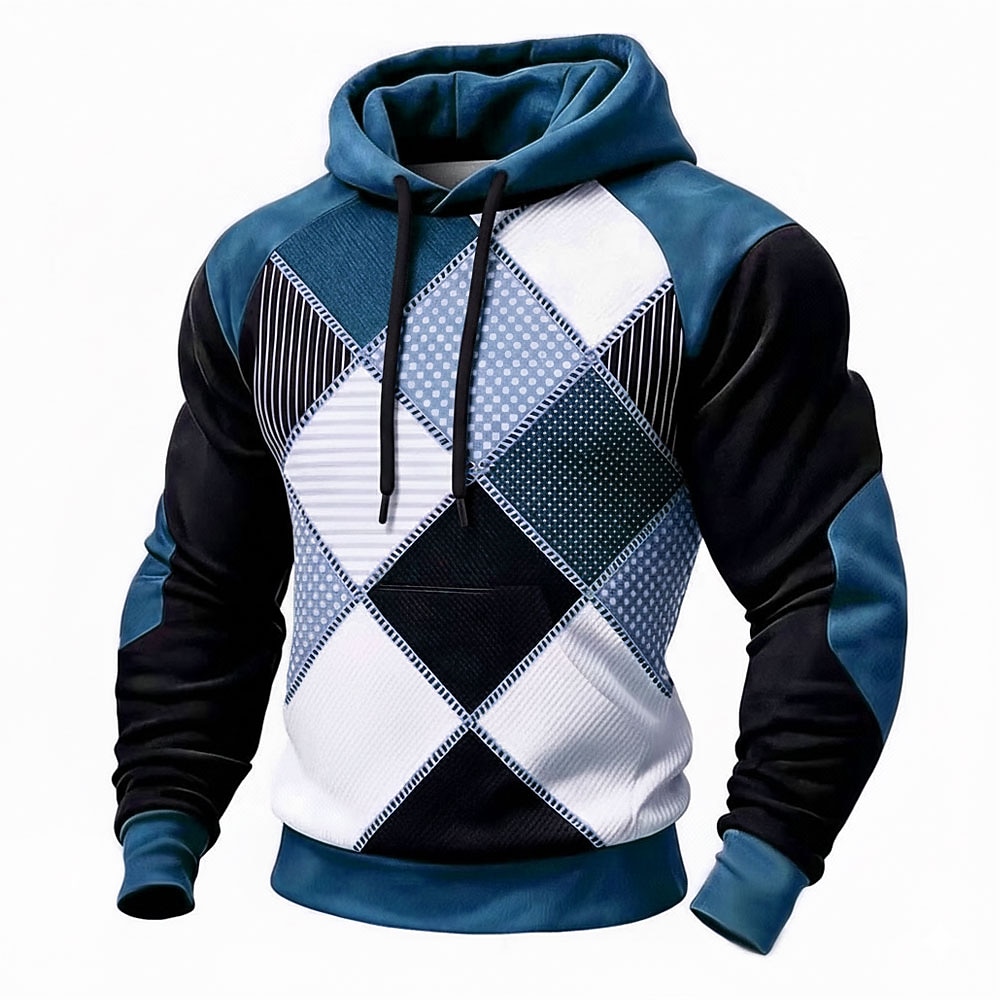 Men's Geometric Plaid Hoodie Sweatshirt Fashion Daily Crew Neck Home Streetwear Party Blue Brown Green Gray Drawstring Fall Winter Designer S M L XL XXL XXXL