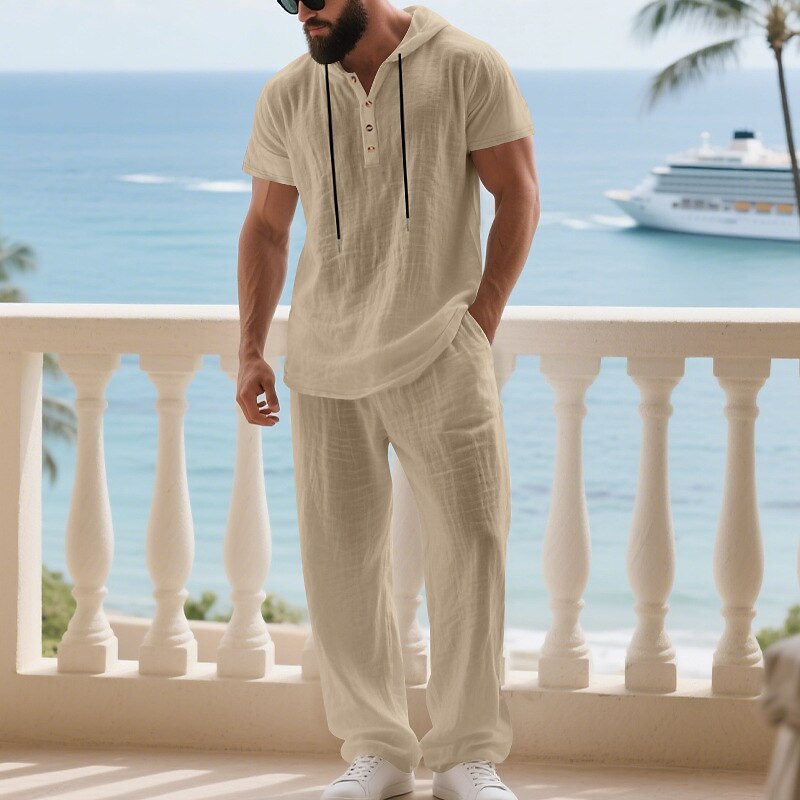 Men's T-shirt Suits Shirt and Pant Sets 2 Pieces Outfits Short Sleeve Hooded Summer Spring Plain Fashion Casual Drawstring 2 Piece Buttons Vacation Daily Wear Going out Black White Yellow Top Tee for