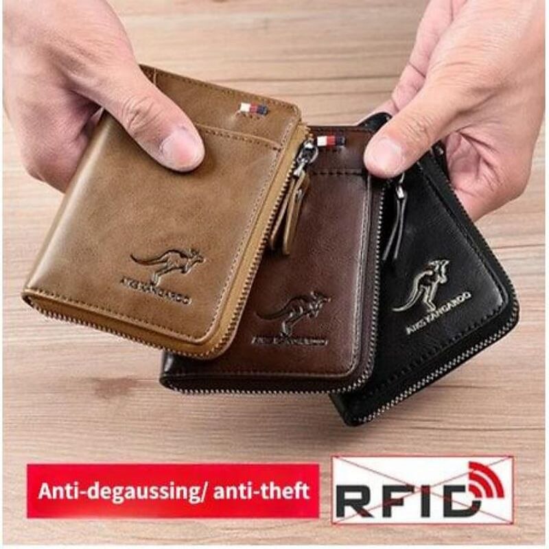 Kangaroo Men’s RFID Blocking PU Leather Wallet with Zipper, Multi-Slot Credit Card Holder, Business Purse