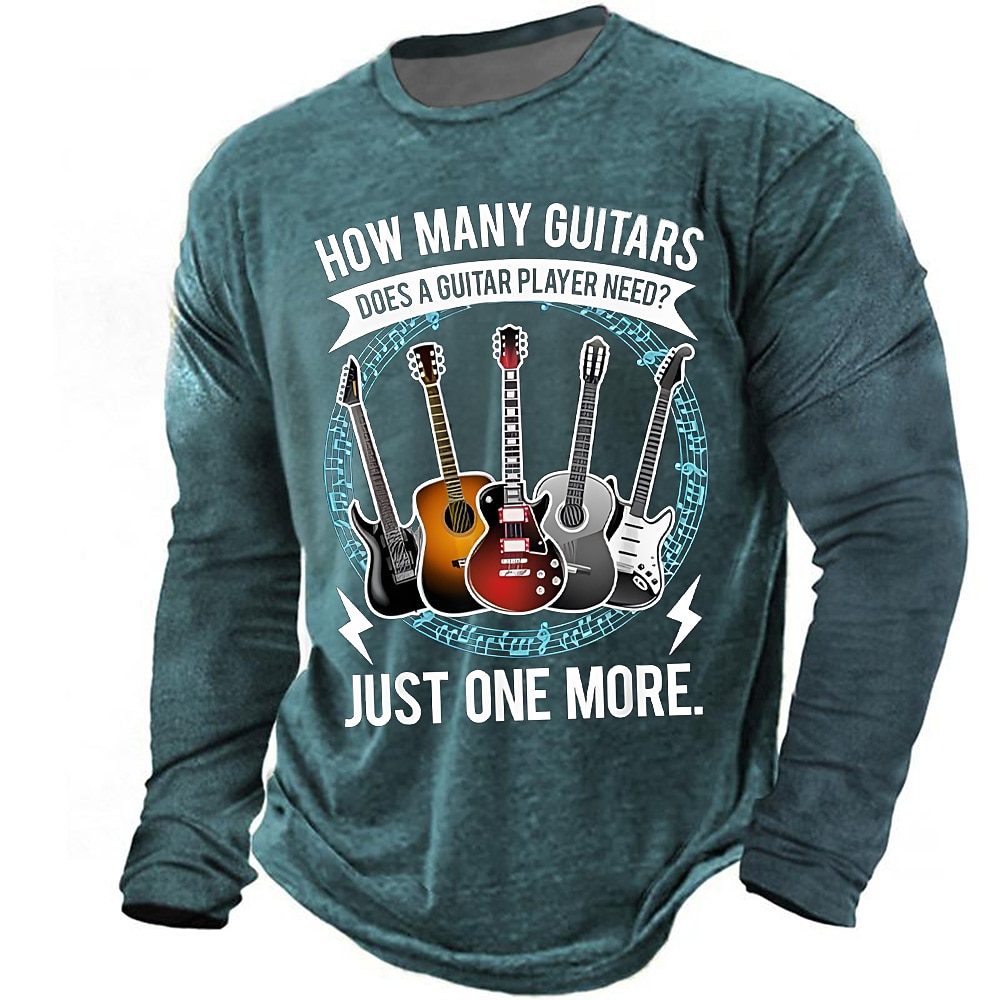 How Many Guitars Does A Guitar Player Need Just One More Funny Slogan Long Sleeve T-Shirt Mens Vintage Musical Instruments Graphic Tee Humorous Guitarist Dad Gift Tops Clothing Apparel S M L XL XXL XX