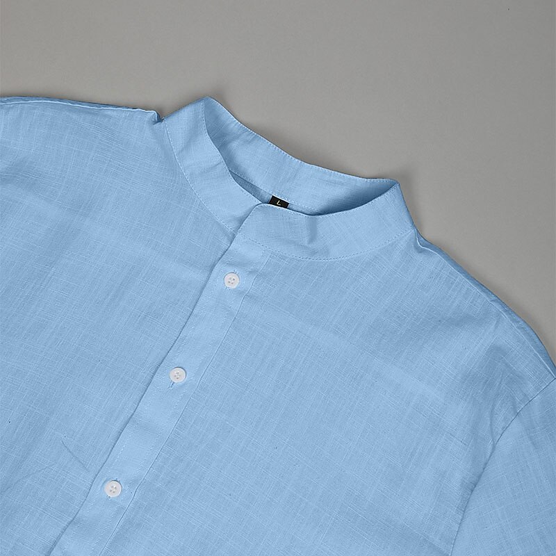 Men Shirt Linen Shirt Summer Shirt Beach Wear Band Collar Shirt Button Up Shirt Plain Casual Daily Blue Black White Orange Short Sleeve Band Collar Summer Clothing Apparel