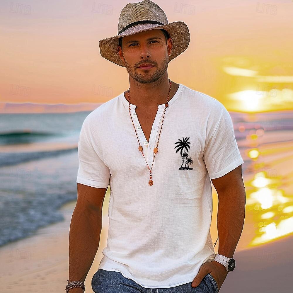 Men's 100% Cotton Shirt Coconut Tree White T shirt Tee Henley Shirt Graphic  Fashion Classic Shirt Short Sleeve Comfortable Tee Street Vacation Summer Fashion Designer Clothing