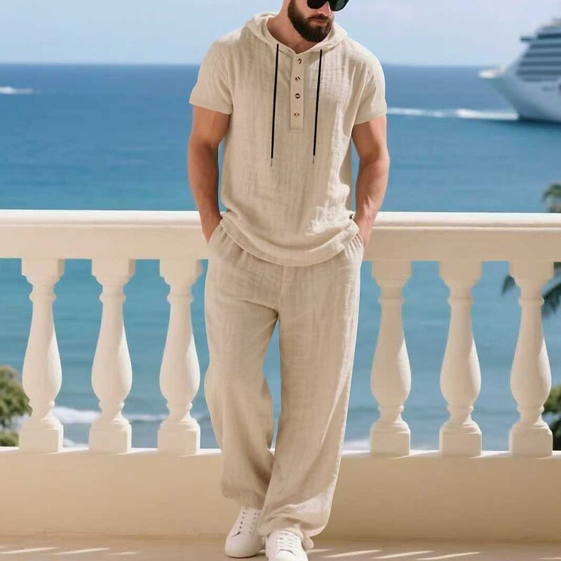 Men's T-shirt Suits Shirt and Pant Sets 2 Pieces Outfits Short Sleeve Hooded Summer Spring Plain Fashion Casual Drawstring 2 Piece Buttons Vacation Daily Wear Going out Black White Yellow Top Tee for