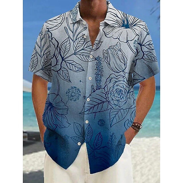Men's Shirt Summer Hawaiian Shirt Gradient Graphic Prints Leaves Turndown Red Royal Blue Blue Dusty Blue Green Street Casual Short Sleeves Print Button-Down Clothing Apparel Tropical Sports