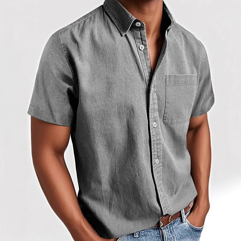 Men's Cotton Shirt Casual Shirt Button Up Shirt Black White Pink Red Navy Blue Short Sleeve Plain Lapel Casual Daily Front Pocket Clothing Apparel Elegant Fashion Casual