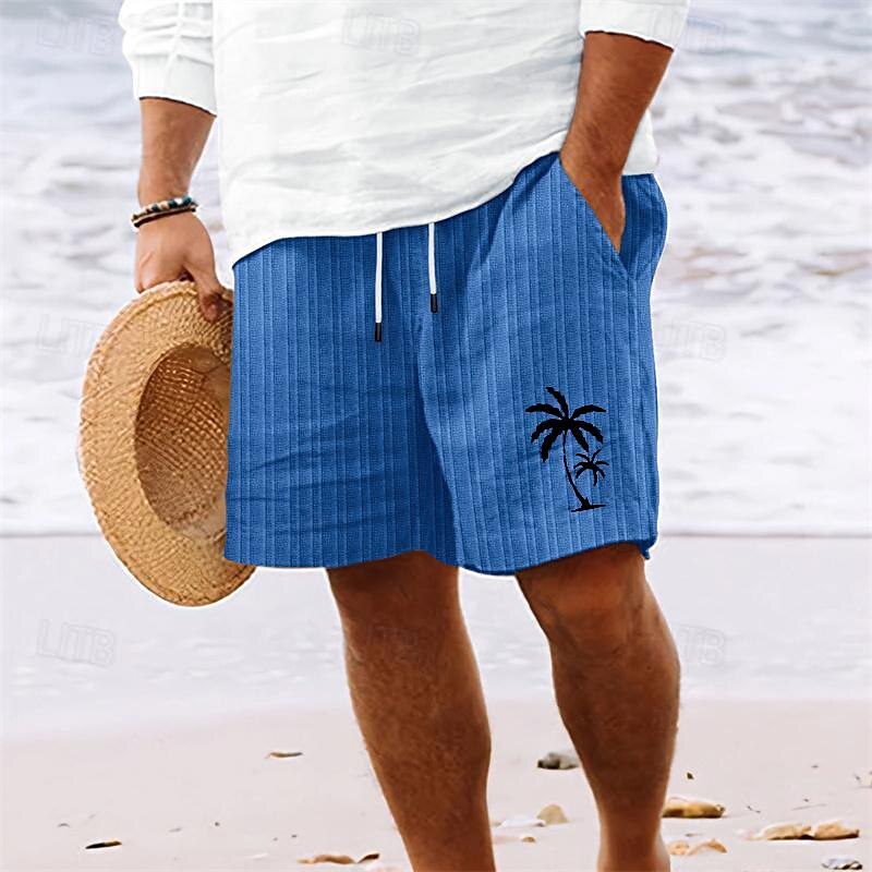 Men's Summer Shorts Beach Shorts Casual Shorts Pocket Drawstring Elastic Waist Coconut Tree Comfort Breathable Short Holiday Vacation Beach Hawaiian Boho White Sky Blue