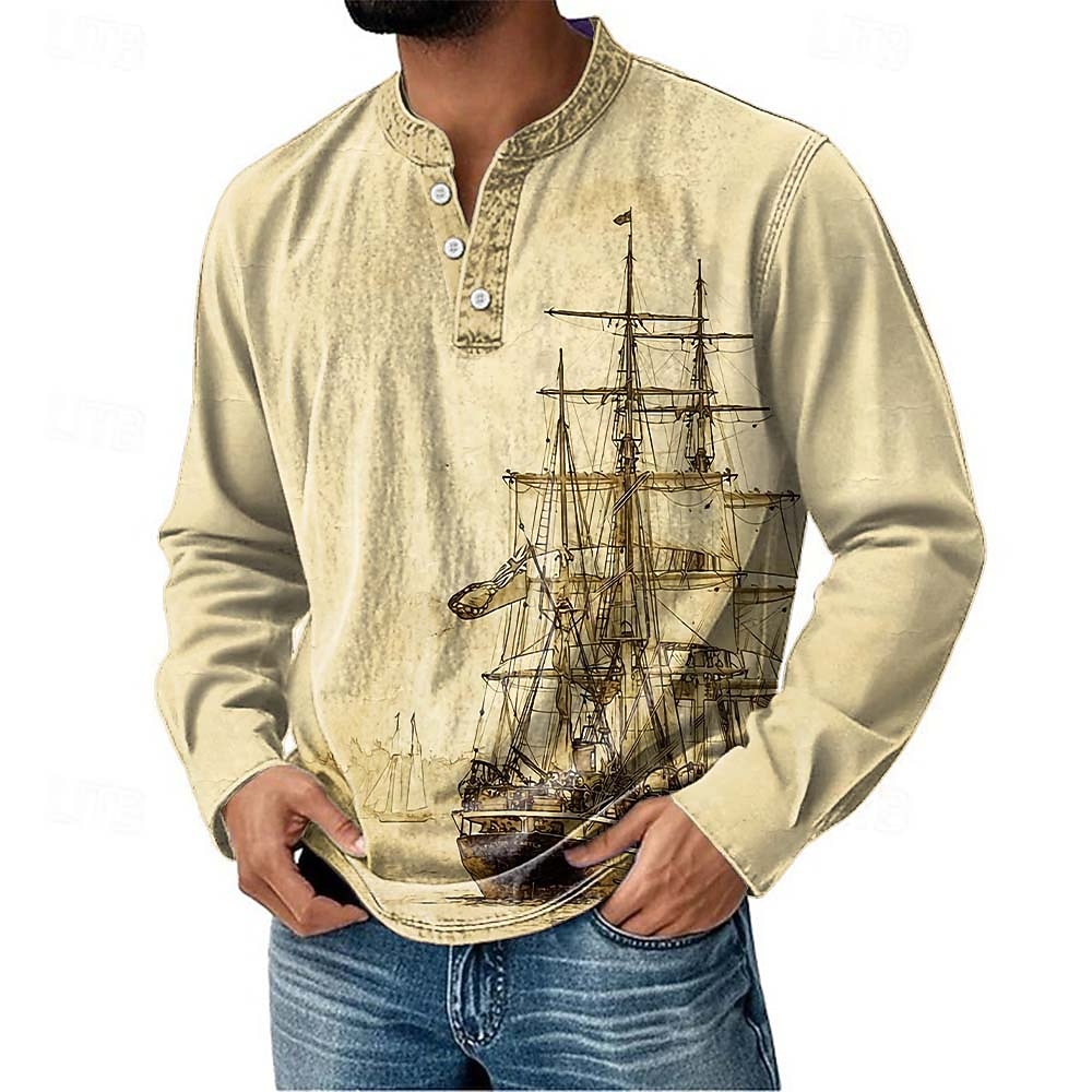 Men's Henley Shirt Long Sleeve Vintage Fashion Daily Casual Holiday Going out Spring Spring &  Fall All Seasons Navy-blue Deep Green Dark Grey Black Blue Henley Henley T-Shirt