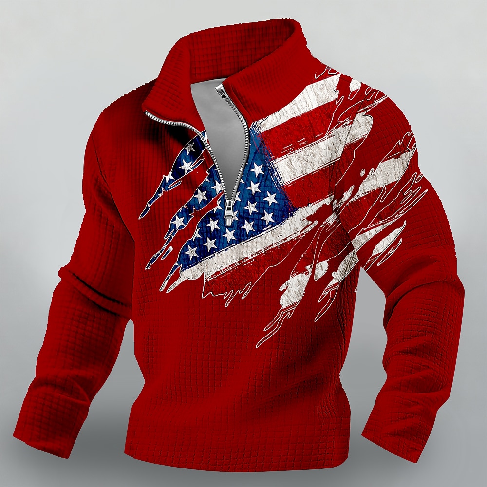 America's 250th Anniversary Men's American US Flag Waffle Sweatshirt Fashion Daily Classic Casual Stand Collar Quarter Zip Home Outdoor Office Work Blue Black White Red Zip Up Fall Winter Designer S