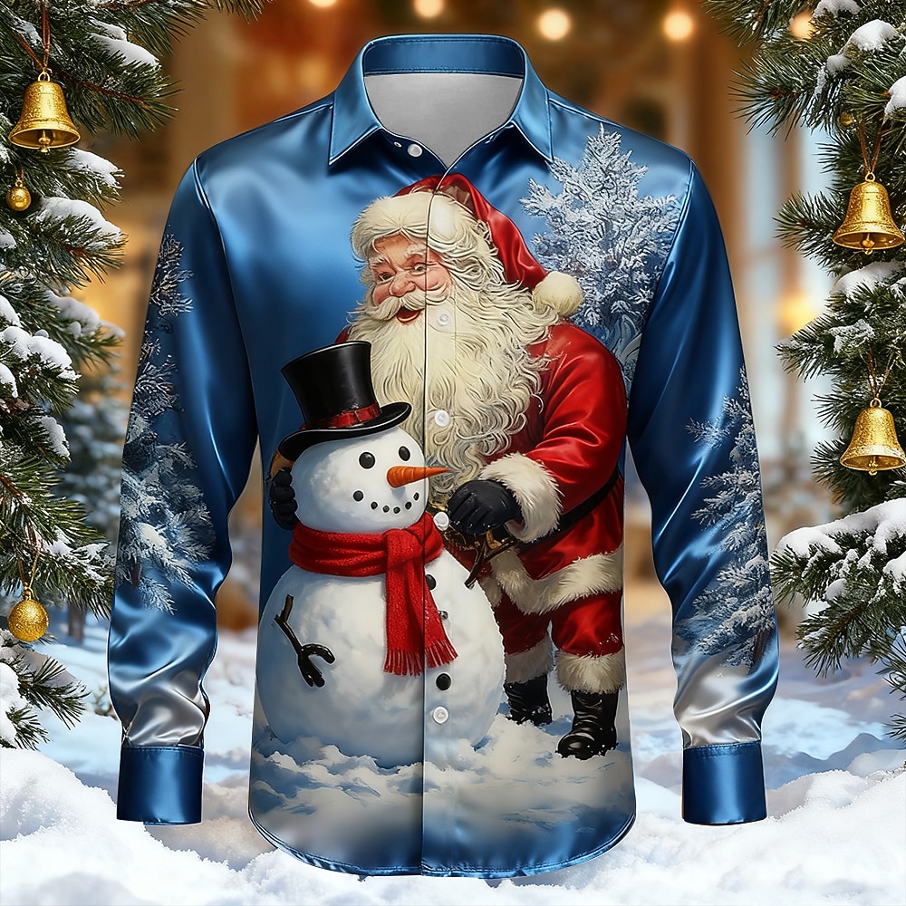 Christmas Men's Santa Claus Christmas Tree Reindeer Shirt Satin Shirt Dress Shirt Long Sleeve Fashion Casual Outdoor Party Holiday Spring Fall Turndown 3D Print Button Up Shirts Light Blue Blue 3