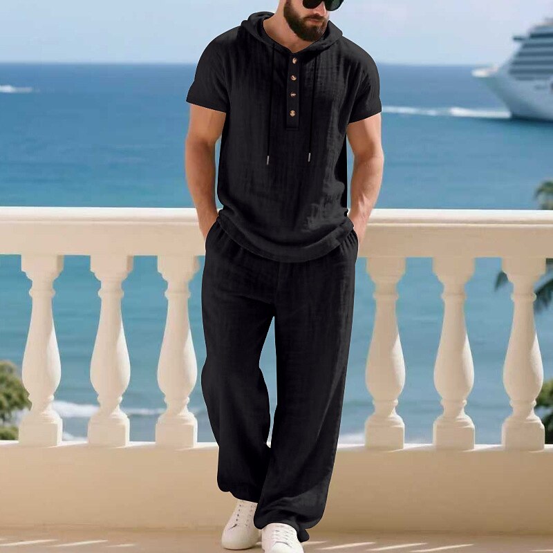 Men's T-shirt Suits Shirt and Pant Sets 2 Pieces Outfits Short Sleeve Hooded Summer Spring Plain Fashion Casual Drawstring 2 Piece Buttons Vacation Daily Wear Going out Black White Yellow Top Tee for