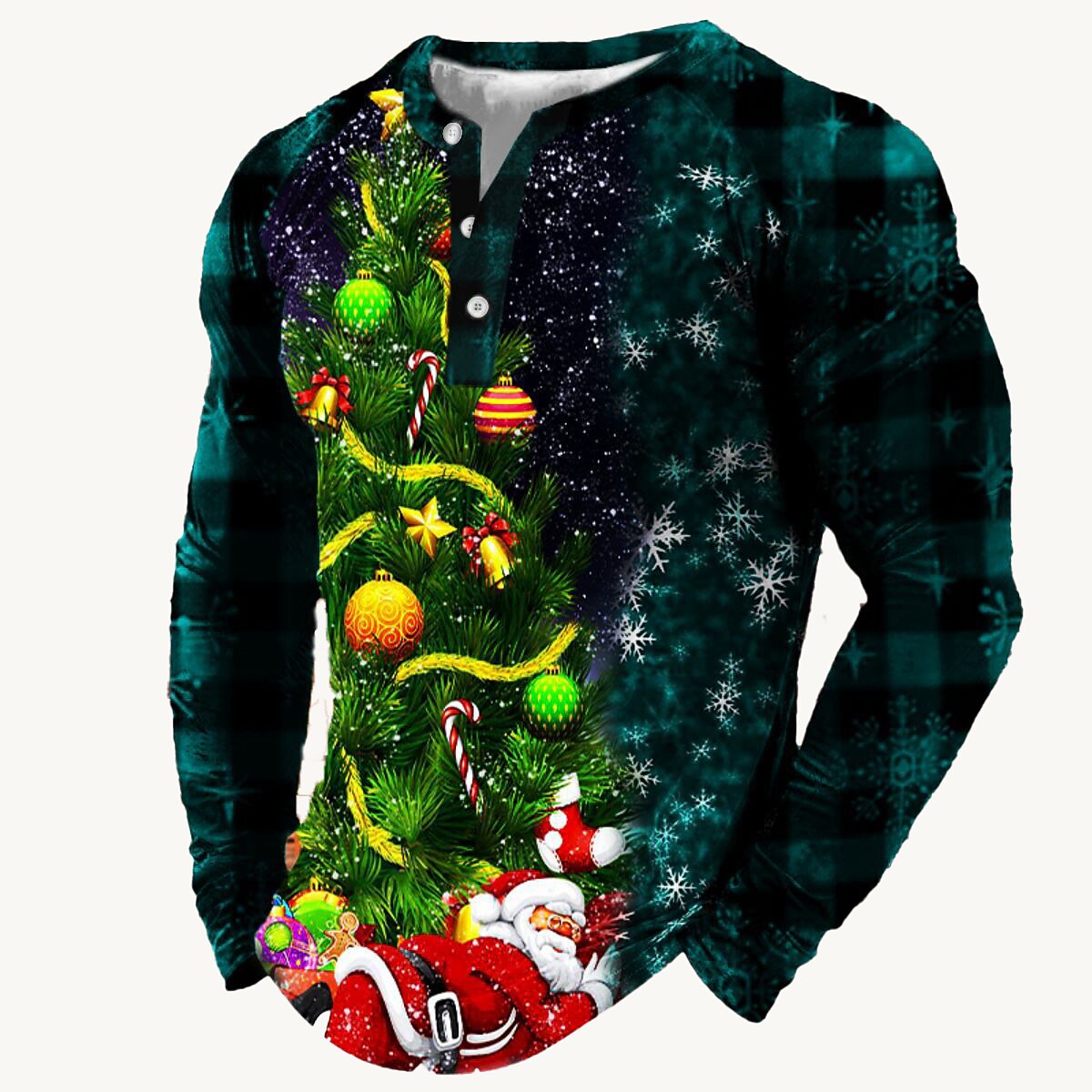 Christmas T Shirt Men's Henley Shirt T shirt Tee Tee Graphic Tree Santa Claus Henley Black Wine Army Green Red Royal Blue 3D Print Daily Sports Long Sleeve Patchwork Button-Down Clothing Apparel