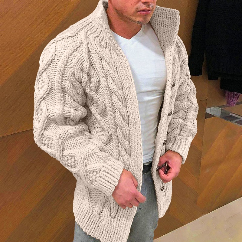 Men's Cable Knit Jumper Sweater Cardigan Sweater Cable Knit Regular Tops Knitted Plain Standing Collar Modern Contemporary Casual Casual Holiday Clothing Apparel Spring Fall & Winter Wine Red Black M