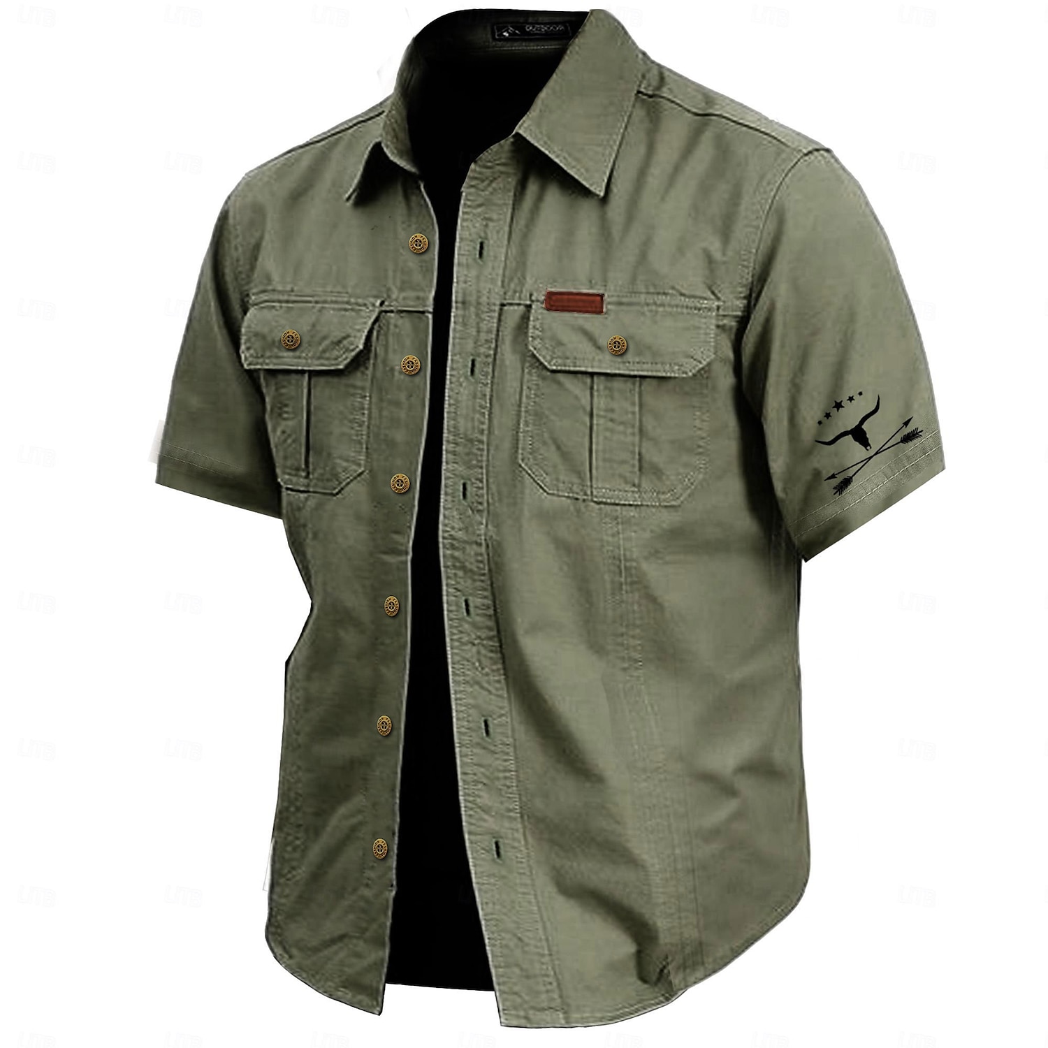 Men's Cow Print Work Shirt Western Shirt Cargo Shirt Short Sleeve Casual Tactical Sports & Outdoor Going out Summer Spring Turndown Print Army Green Khaki Dark Blue Beige