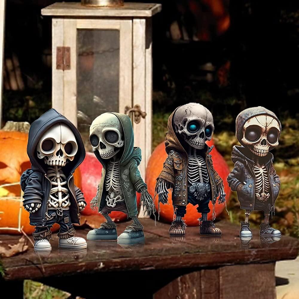 Halloween Skull Statues, Resin Skeleton Shelf Sitters, Sitting Figurines for Home Bookshelf and Table Edge, Decorative Crafts Ornaments for Skeleton Lovers