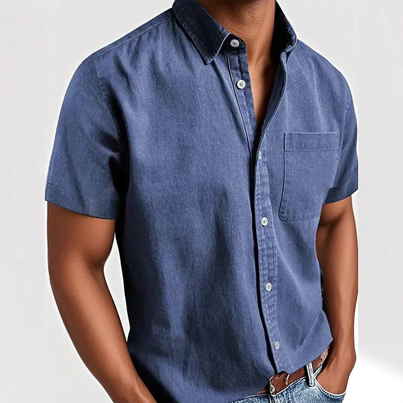 Men's Cotton Shirt Casual Shirt Button Up Shirt Black White Pink Red Navy Blue Short Sleeve Plain Lapel Casual Daily Front Pocket Clothing Apparel Elegant Fashion Casual