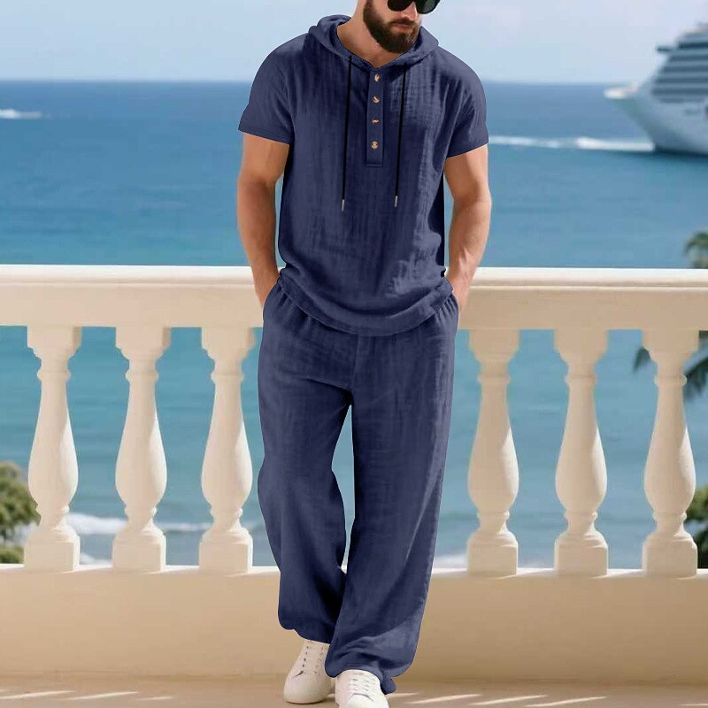 Men's T-shirt Suits Shirt and Pant Sets 2 Pieces Outfits Short Sleeve Hooded Summer Spring Plain Fashion Casual Drawstring 2 Piece Buttons Vacation Daily Wear Going out Black White Yellow Top Tee for