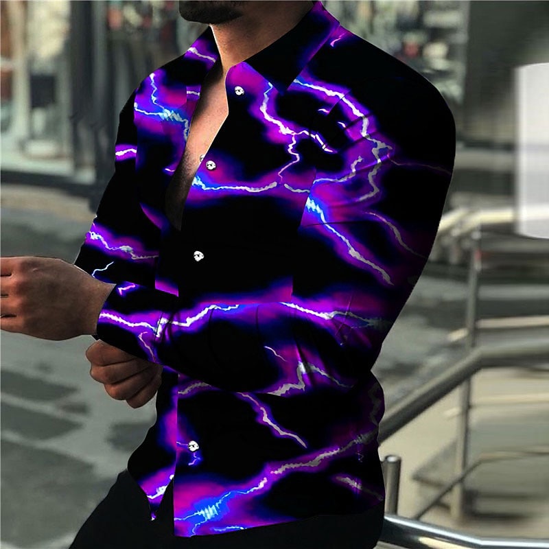 Men's Lightning Shirt Long Sleeve Fashion Designer Casual Outdoor Holiday Summer Spring Turndown Print Button-Down Blue Light Yellow Black White Yellow