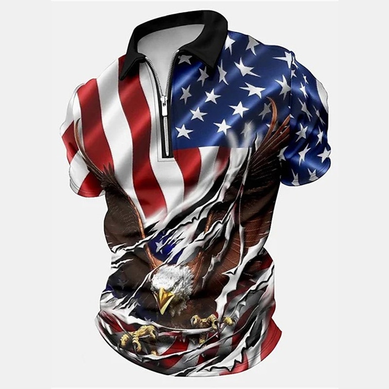 Men's Polo Shirt Zip Polo Golf Shirt Graphic Prints Eagle American Flag Turndown White Red Blue Brown Dark Blue Outdoor Street Short Sleeves Zipper Print Clothing Apparel Fashion Designer Casual