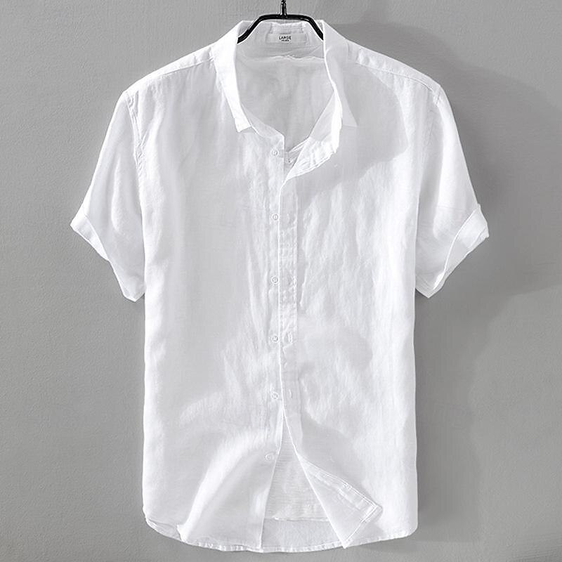 Men's Shirt Linen Shirt Casual Shirt Cotton Shirt White Sky Blue Dark Blue Apricot Short Sleeve Plain Turndown Summer Street Hawaiian Clothing Apparel Button-Down