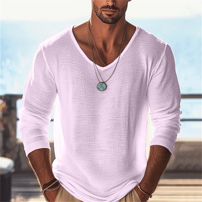 Men's T Shirt Tee Tee Top Long Sleeve Shirt Long Sleeve V Neck Summer Spring Plain Fashion Designer Basic Classic Vacation Street Going out Black Sky Blue Purple Top Tee for Men