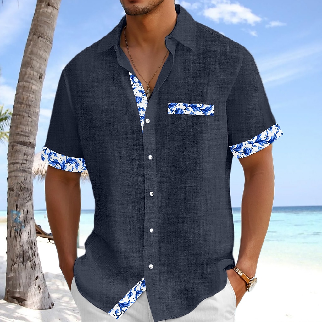 Men's Shirt Linen Shirt Summer Shirt Beach Shirt Plaid Vacation Holiday White Pink Navy Blue Light Blue Short Sleeve Collar Summer Clothing Apparel