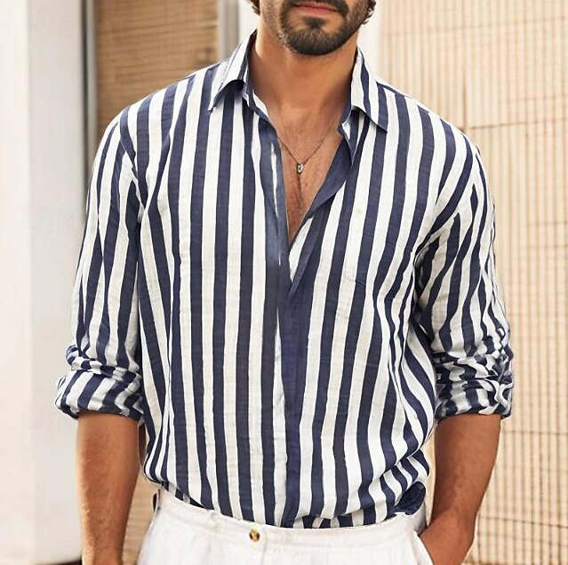 Men's Shirt Linen Shirt Summer Shirt Beach Shirt Cotton Linen Shirt Striped Shirts Striped Vacation Hawaiian Yellow Red Blue Green Long Sleeve Turndown Spring &  Fall Clothing Apparel Button-Down
