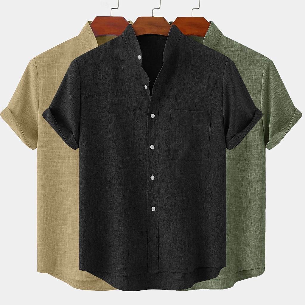 3-Pack Men's Linen Shirt Summer Shirt Casual Shirt Band Collar Shirt Plain Casual Beach Black+Gray+Green Black+White+Gray black+white+green black+khaki+green Short Sleeve Stand Collar Spring & Summer Summer
