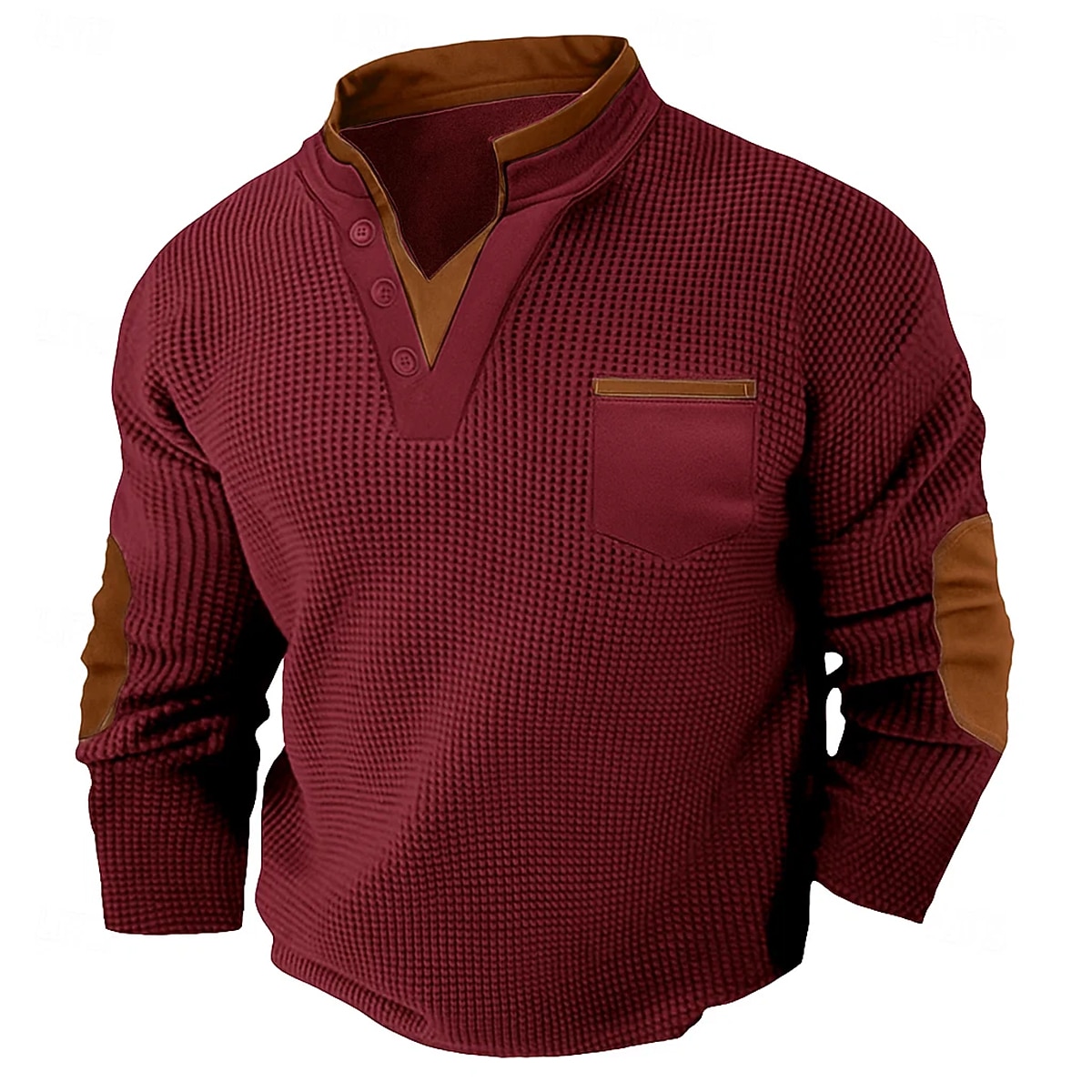 Men's Waffle Tee Waffle Henley Shirt Long Sleeve V Neck Spring &  Fall Solid Color Fashion Basic Fake two piece Street Casual Sports Black White Burgundy Top Tee for Men