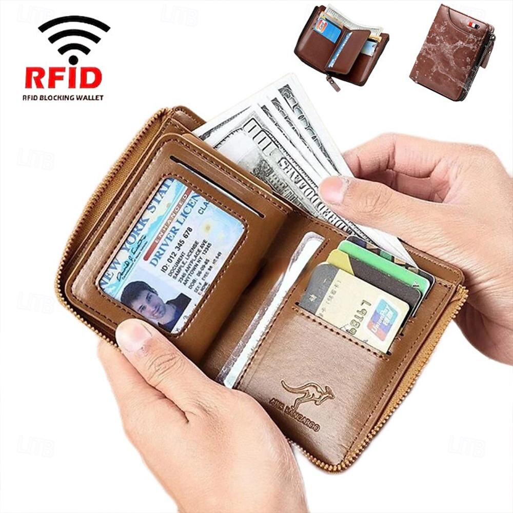 Kangaroo Men’s RFID Blocking PU Leather Wallet with Zipper, Multi-Slot Credit Card Holder, Business Purse