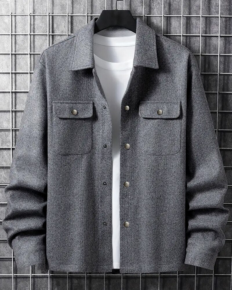 Men's Shirt Jacket Casual Jacket Vacation Daily Breathable Pocket Spring Fall Plain Fashion Classic Lapel Regular Dark Gray Black Navy Blue Khaki Light Grey Jacket