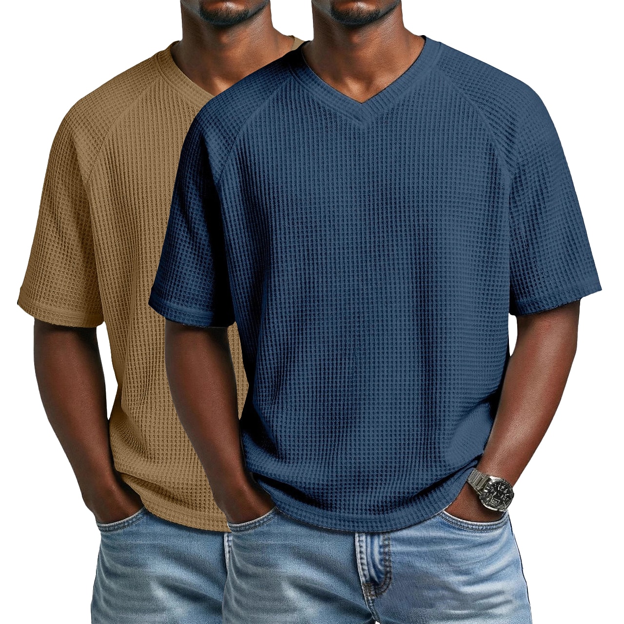 2PCS Men's Waffle T-shirt Tee Top Short Sleeve V Neck Summer Solid Color Textured Fashion Designer Casual 2 Piece Multi-pack Raglan Sleeves Casual Daily Outdoor White Black Top Tee for Men