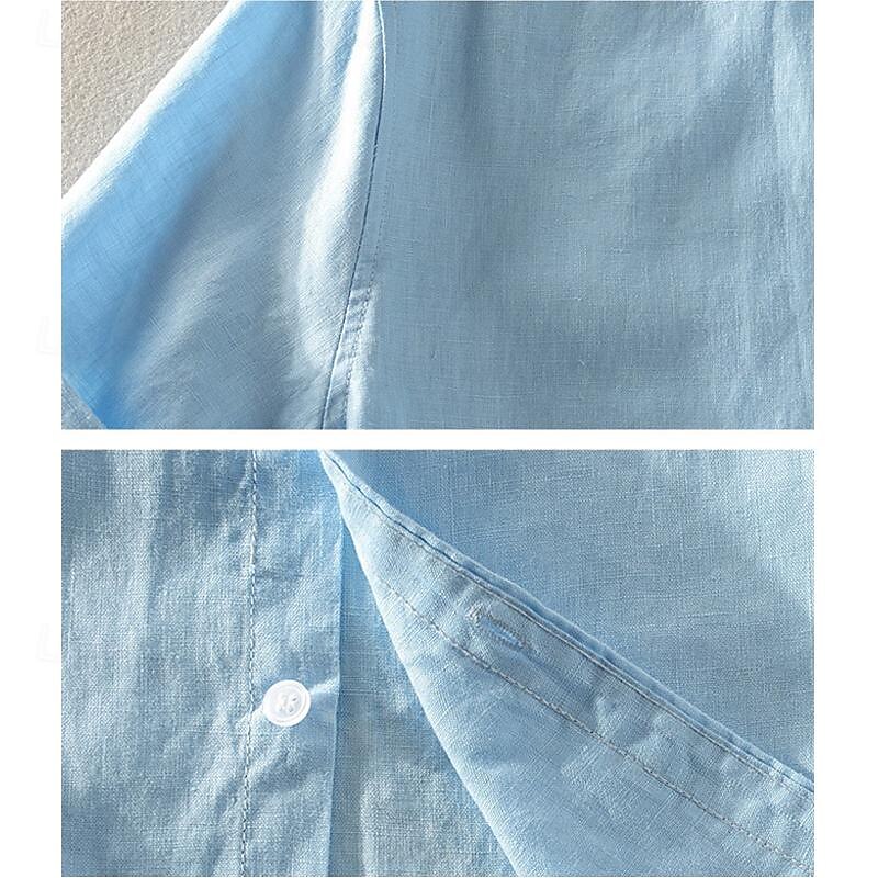Men's Shirt Linen Shirt Casual Shirt Cotton Shirt White Sky Blue Dark Blue Apricot Short Sleeve Plain Turndown Summer Street Hawaiian Clothing Apparel Button-Down