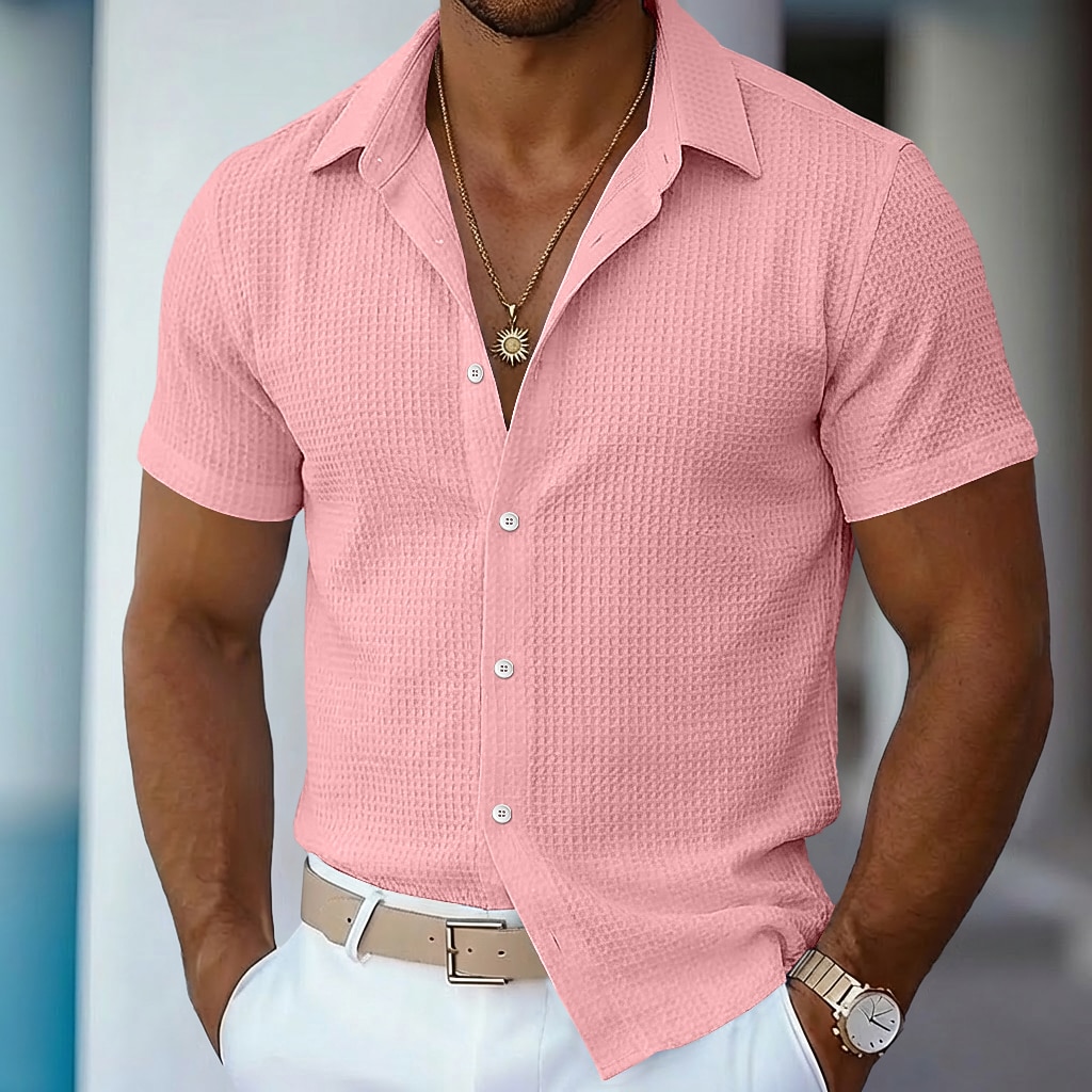 Men's Shirt Waffle Shirt Texture Casual Shirt Button Up Shirt Blue Black White Pink khaki Short Sleeve Plain Lapel Casual Daily Clothing Apparel Fashion Modern Casual Comfortable