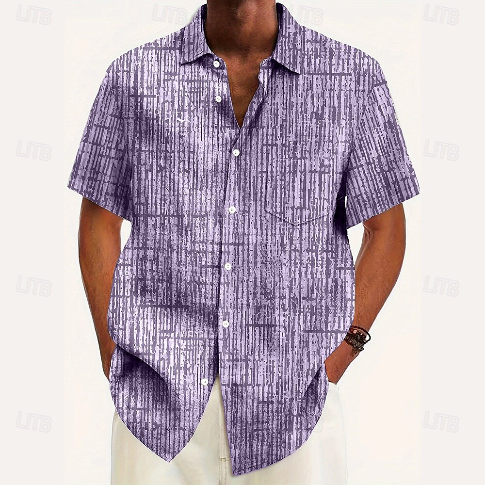 Men's Geometric Grid / Plaid Shirt Casual Shirt Button Up Shirt Short Sleeve Fashion Casual Vacation Holiday Streetwear Summer Turndown 3D Print Front One Pocket Linen Like Shirt Pink Blue Purple