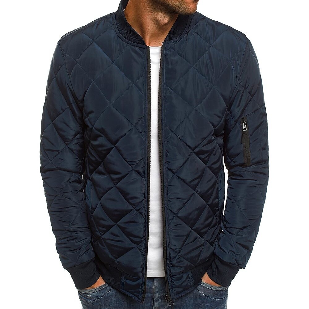 Men's Bomber Quilted Jacket Diamond Padded Jacket Winter Outdoor Chunky Varsity Flight Windproof Warm Trench Coat Top Quilted Seams Cotton Outwear Overcoat Full Zipper Camping Hiking Hunting Fishing