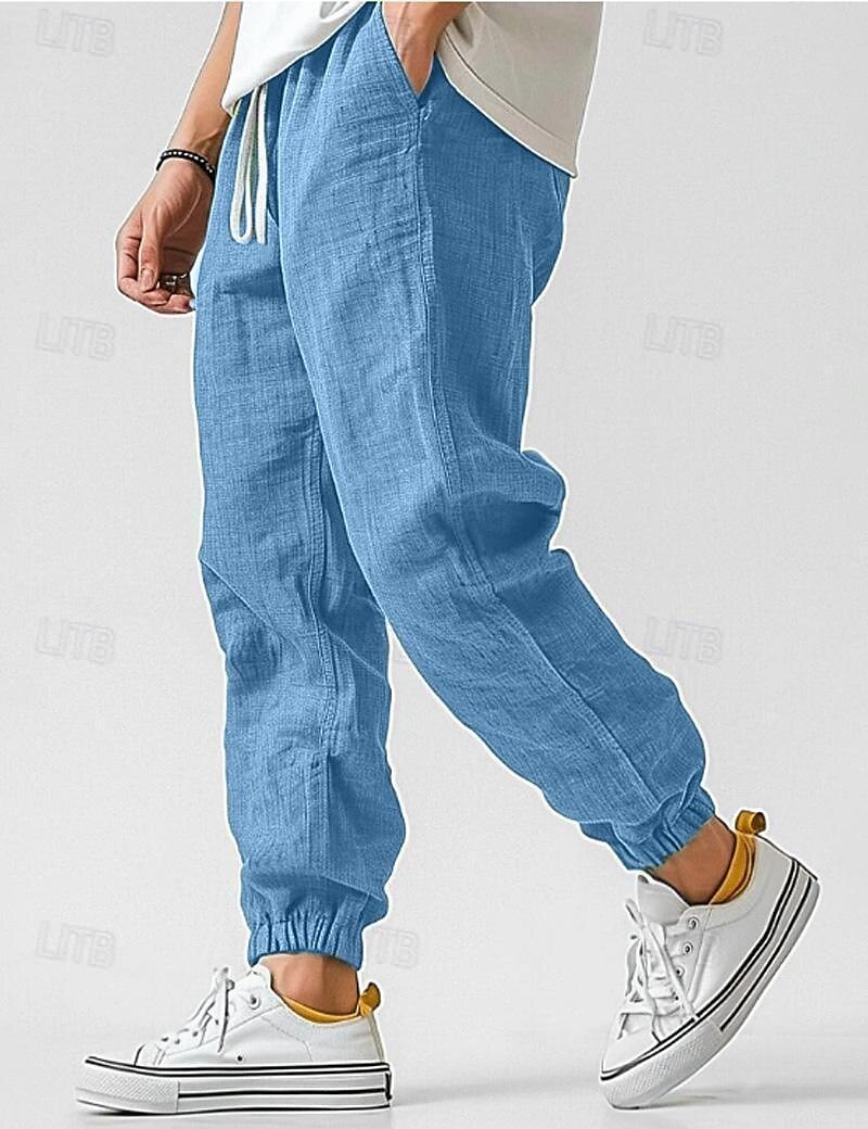 Men's Linen Pants Trousers Summer Pants Elastic Waist Straight Leg High Rise Solid Color Comfort Breathable Full Length Wedding Holiday Vacation Fashion Gray Green Black High Waist Inelastic