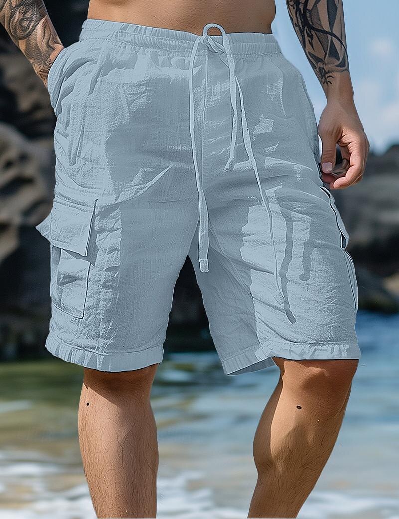 Men's Shorts Linen Shorts Summer Shorts Beach Shorts Drawstring Elastic Waist Multi Pocket Plain Knee Length Outdoor Beach Hawaiian Casual ArmyGreen White Inelastic