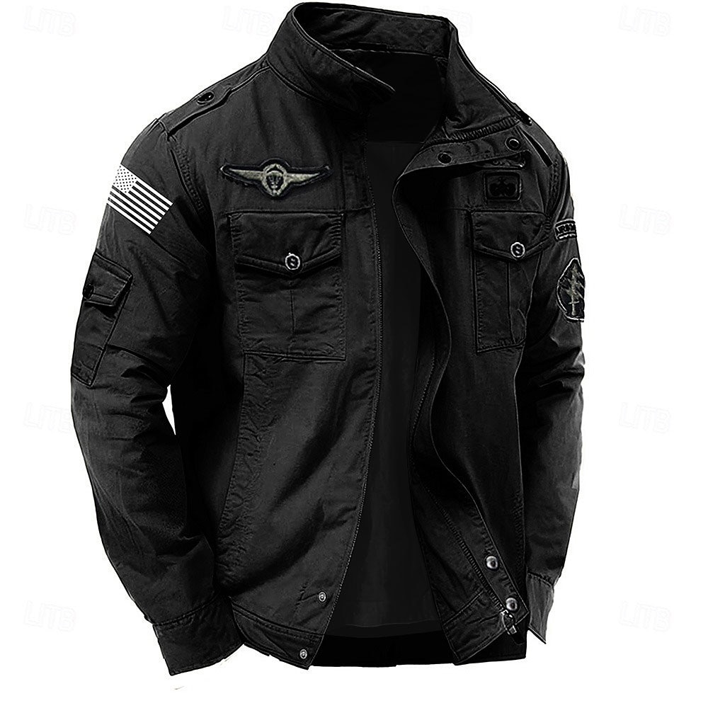 Men's Cotton Embroidered Military Jacket with Shoulder Straps Long Sleeve Standing Collar Multi-Pockets Trucker Jacket US Flag Print Tactical Outerwear