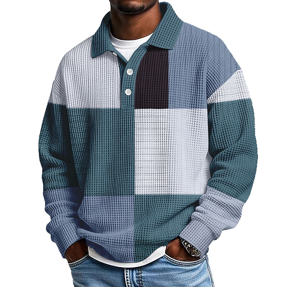 Men's Patchwork Waffle Polo Shirts Long Sleeve Polo Shirts Lapel Casual Athleisure Daily Wear 3D Print Spring Fall Winter Red Green Gray