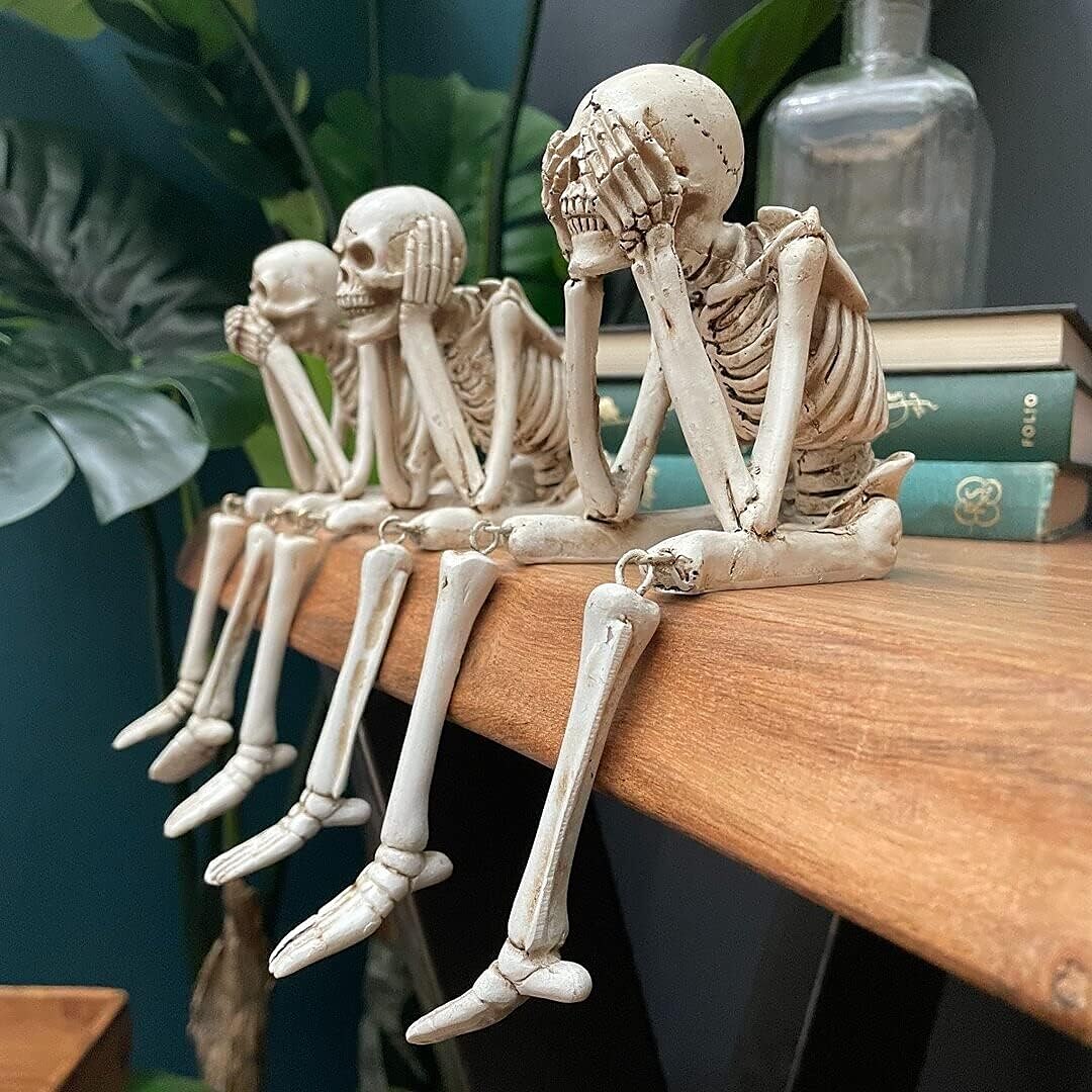 Halloween Skull Statues, Resin Skeleton Shelf Sitters, Sitting Figurines for Home Bookshelf and Table Edge, Decorative Crafts Ornaments for Skeleton Lovers