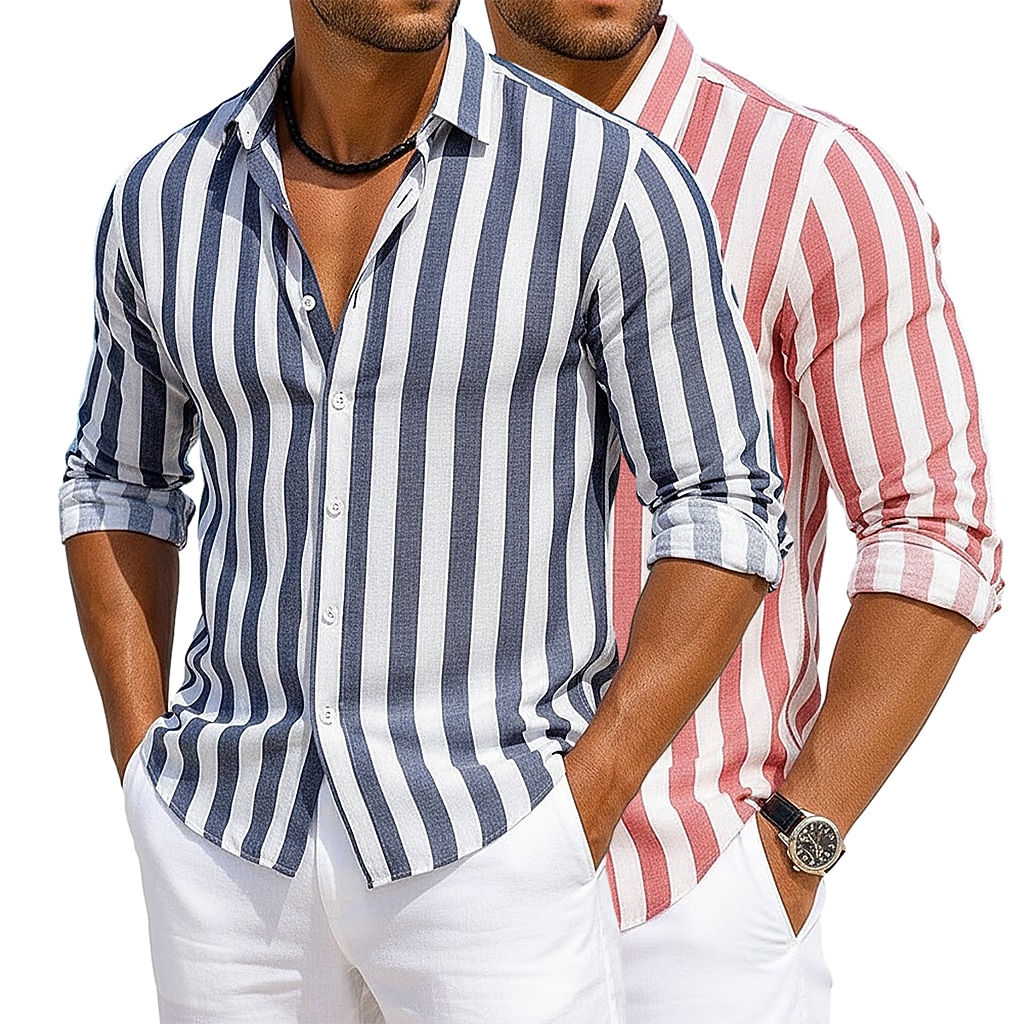 2-Pack Men's Shirt Cotton Linen Shirt Summer Shirt Beach Shirt Striped Shirts Vertical Stripes Casual Vacation Pink+Yellow Yellow+green Green+pink Navy Blue+Yellow Long Sleeve Turndown Summer Spring Clothing